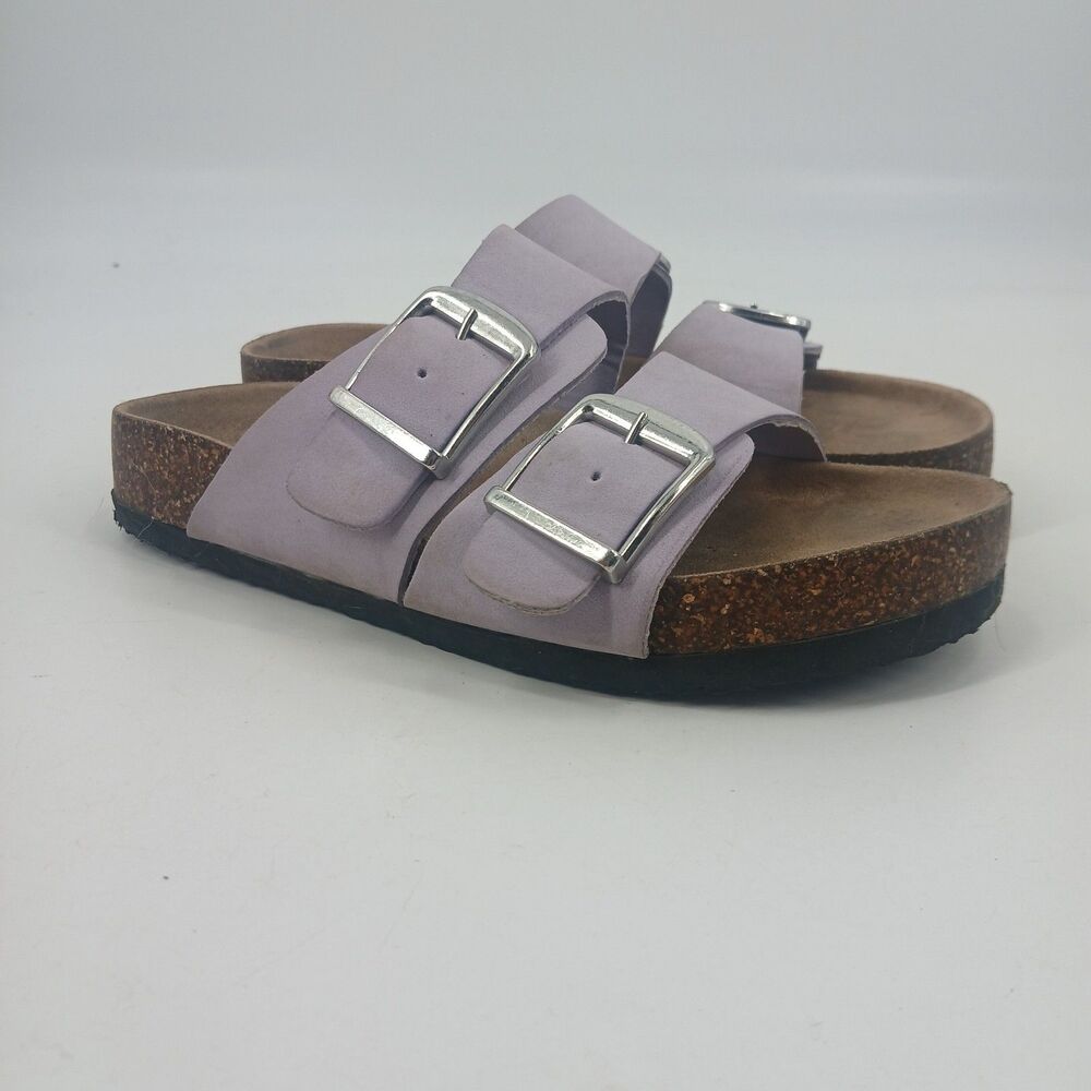 Womens Double Buckle Slide Sandals Lavender Purple Metallic Cork Footbed size 7